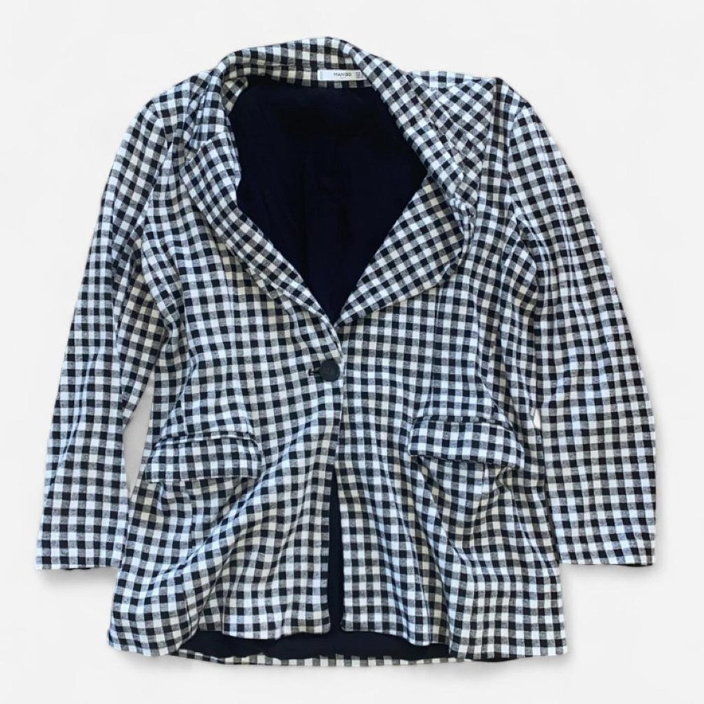 Mango Gingham Check Single Button Blazer Black White Womens Size M Officecore